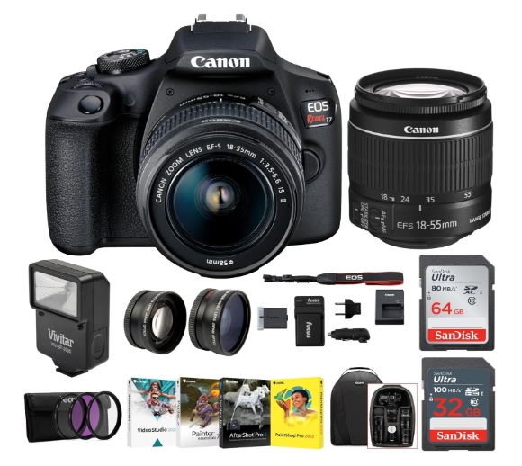 Canon EOS Rebel T7 Digital Camera: 24 Megapixel 1080p HD Video DSLR with Wide Angle 18-55 mm Lens Bundle with 64 and 32GB SD Cards, Flash, Spare Battery, Backpack and Video and Art Suite